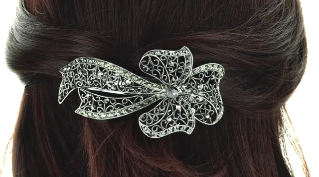 New Art Deco Vintage Inspired  Silver Bow 4 1/2'' Hair Barrette
