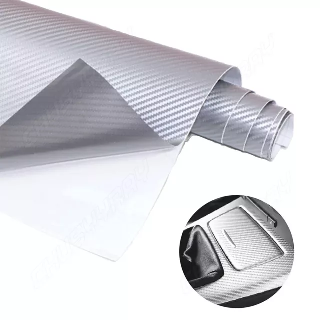 Car 3D Carbon Fiber Vinyl Wrap Air/Bubble Free Black Sheet Film Sticker SILVER