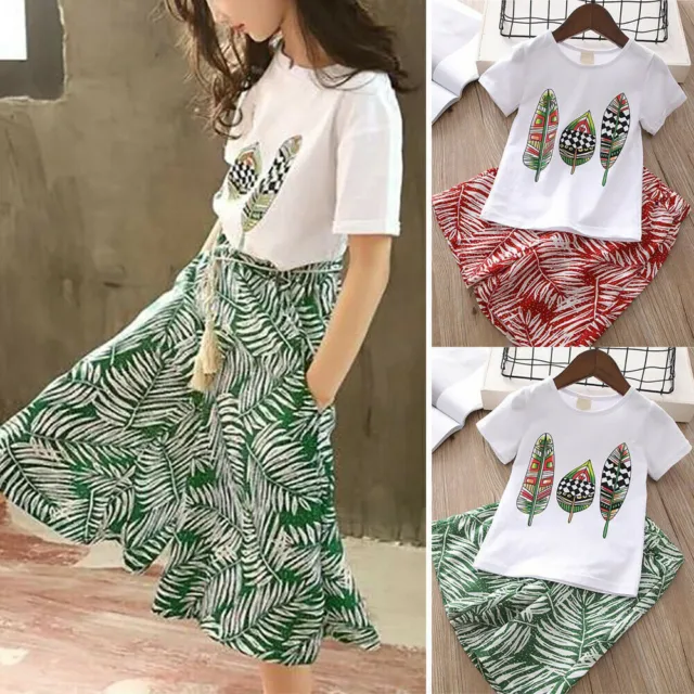 Kids Girls Clothes Set Short Sleeve T-Shirt Tops + Wide Leg Pants Outfits 3-13 Y