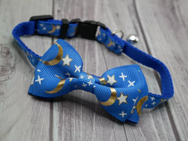 Adjustable Cat Collar with Bow and Bell Celestial Moon Stars Blue Break Away