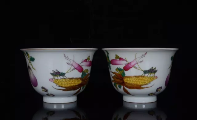 A Pair Chinese Enamel Color Porcelain Hand Painted Vegetables Fruits Cups 15229