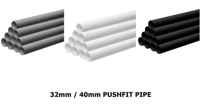 32mm 40mm Pushfit Waste Pipe 1 Metre Length Plastic Kitchen GREY WHITE BLACK