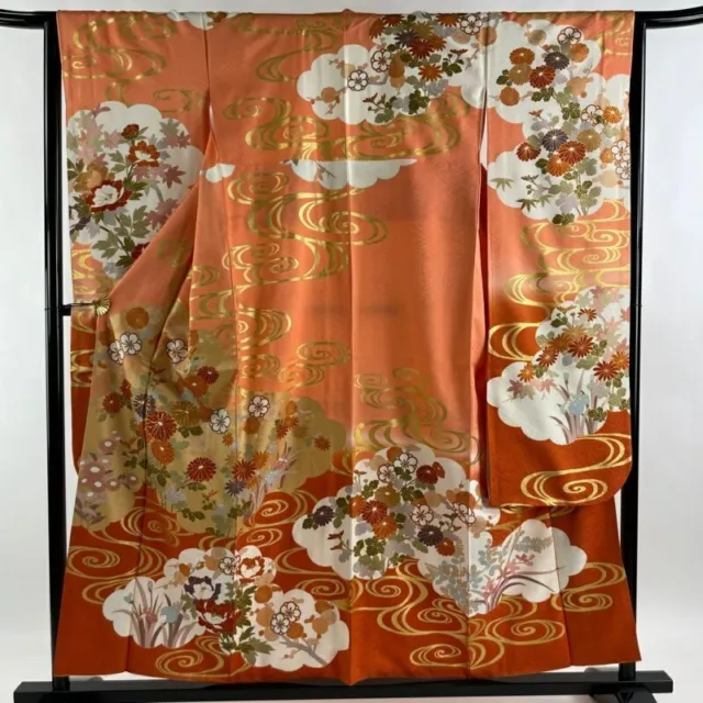 Japanese Kimono Furisode Pure Silk Flower Kanzesui Gold Paint Salmon Pink