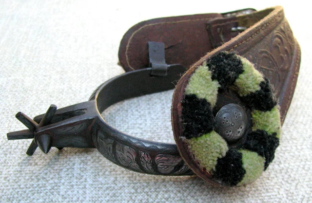 Rare Antique Hand Forged Double Silver Inlaid & Engraved Fancy Straps Kid Spurs 3