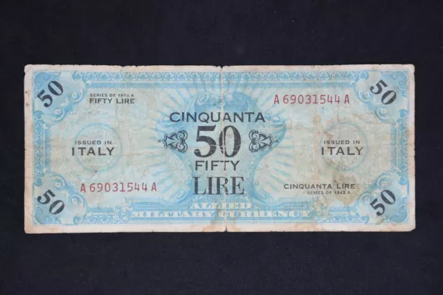 Italy 50 Fifty Lira - Allied Military Currency Banknote - 1943A - VG