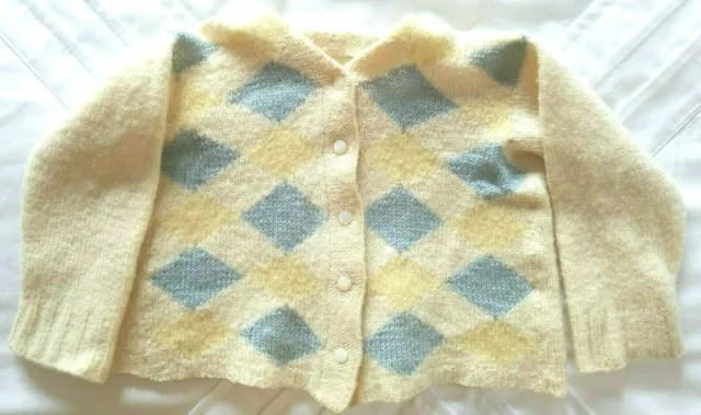Handmade Knit Cardigan Sweater Infant Argyle Blue Yellow Beige Vintage 6 Months