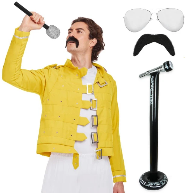 Freddie Mercury Fancy Dress Costume Set - Cape, Crown, Vest & Moustache - Adult Unisex