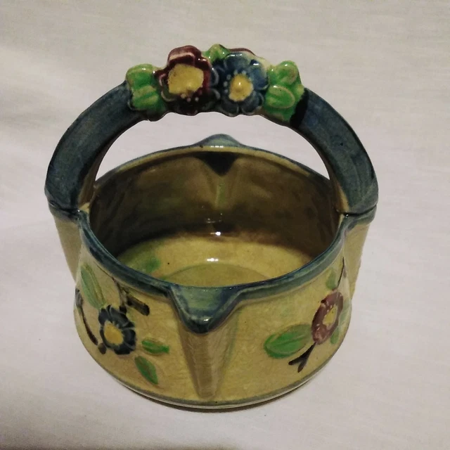 Majolica Small Vintage Earthtone Handled Basket K Mark Japan