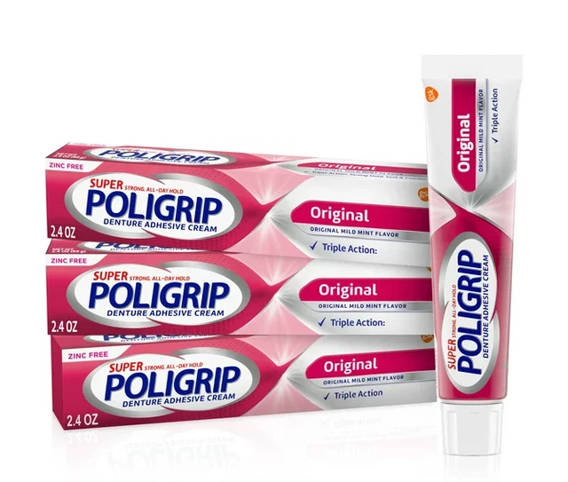 Super Poligrip Original Denture and Partials Adhesive Cream, 2.4 Oz, 3 Pack, NIB