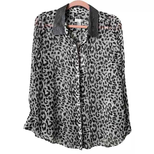 Chicos Top Womens Large White Cheetah Animal Print Button Up Long Sleeve NWT