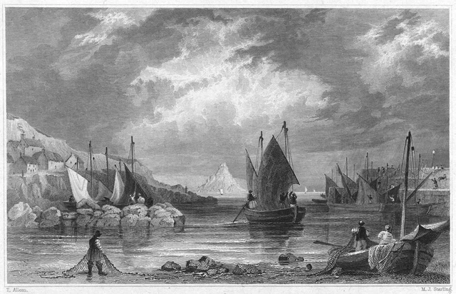 CORNWALL. Mousehole and Mount's Bay, near Penzance 1831 old antique print