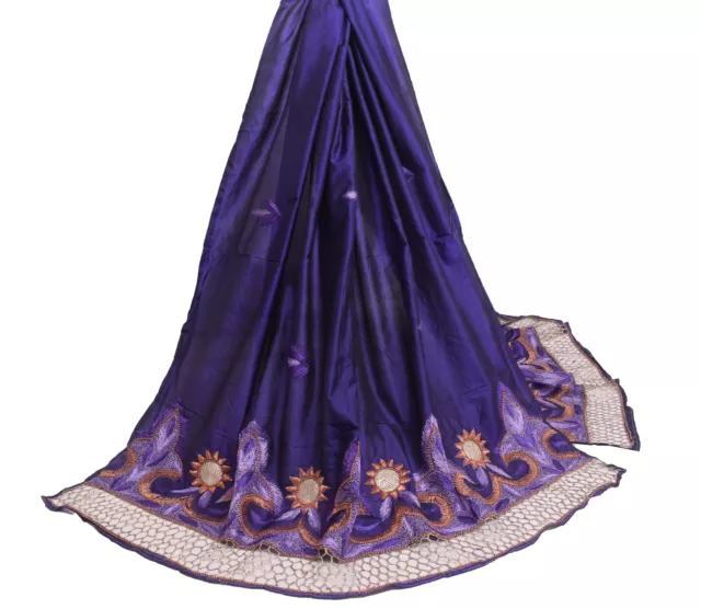 Sushila Vintage Blue Floral Dupatta 100% Pure Silk Embroidered Long Stole Veil