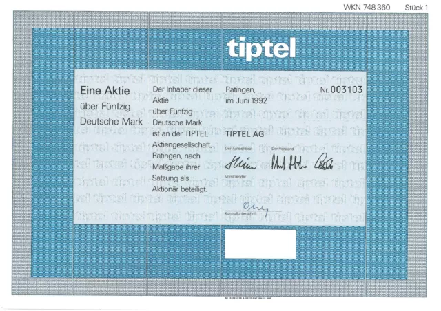 Tiptel Aktie über 50 DM aus Juni 1992, Ratingen, NRW, Telefongesellschaft