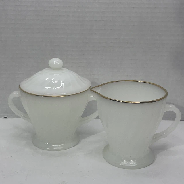 Anchor Hocking Fire King Swirl Milk Glass Gold Rim Cream and Sugar