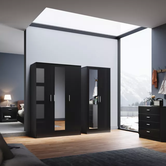Black High Gloss Bedroom Furniture Set Wardrobe Chest Of Drawer Bedside Cabinet