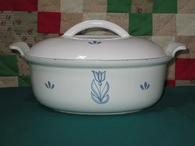 Vtg Dru Holland #24 Enamel Cast Iron Blue Tulip Dutch Oven Casserole Lid 2qt