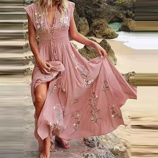 Womens Boho Floral Maxi Long Dress Ladies V Neck Summer Beach Holiday Sundress