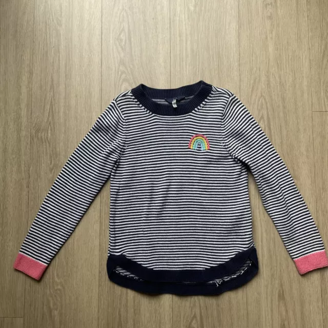 Joules girl’s cotton knit striped rainbow sweater, size 7/8