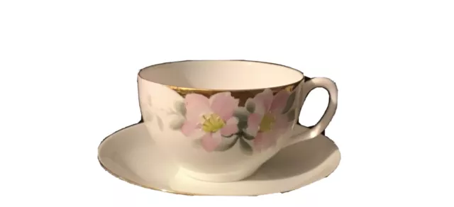 Noritake Cup & Saucer Pink Azalea Nippon Rising Sun Blue Stamp 1916 Vintage