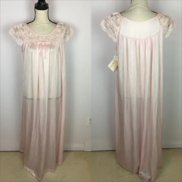 NWT Gilead Vintage Long Nightgown Size M Womans Pink Nylon Lace Trim Cap Sleeve