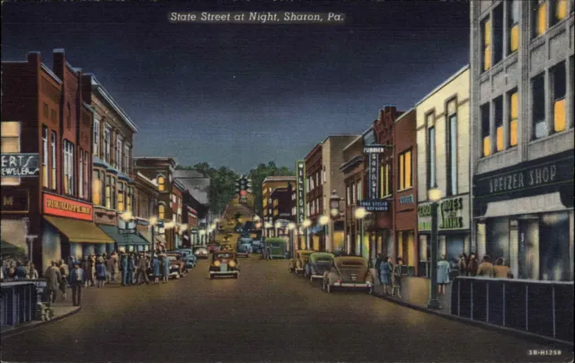 Sharon Pennsylvania PA State Street at Night Linen Vintage Postcard