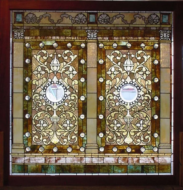 Antique American Stained/Beveled and Jeweled Landing window from Duluth, Minn.