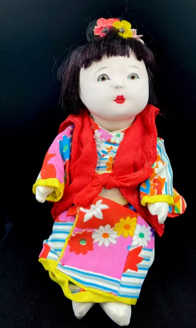 8” Japanese Ichimatsu Doll . Gofun Composition girl in Kimono , Glass eyes