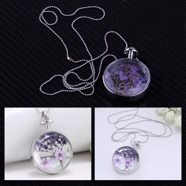 Natural Real Dried Lavender Flower Round Perfume Bottle Pendant Necklace rt
