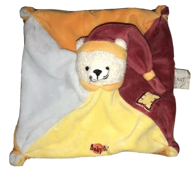 Doudou carré plat Chat Baby Nat' Babynat' orange jaune bleu bordeaux TBE