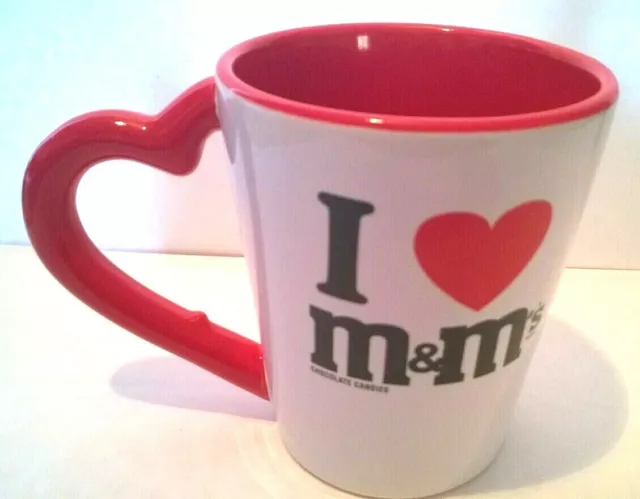 M&M's Ceramic Mug I Love MMS White Red Heart Shaped Handle Ceramic Coffee Tea