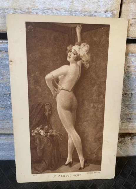 ART DECO NUDE RISQUÉ RP Sepia Tone Postcard By A.PENOT Le MAILLOT VERT c1900’s