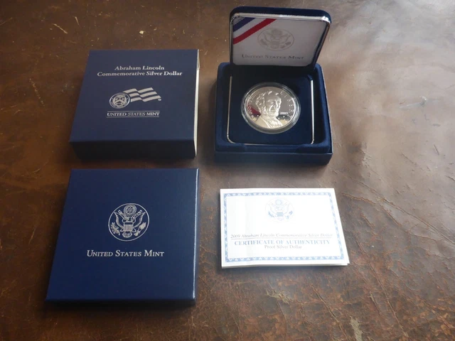 2009 P Abraham Lincoln Proof Commemorative 90% Silver Dollar Coin Box and COA