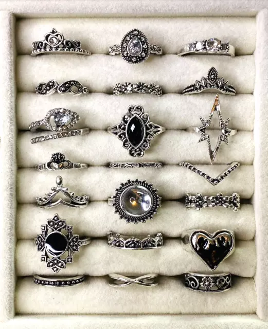 Moon Stone Royal Gothic Black Enamel Silver Tone 21pc Costume Rings Jewelry Lot