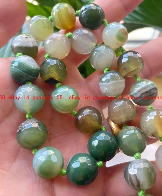 Big 14mm Faceted Green Striped Agate Onyx Gemstone Round Beads Knot Necklace