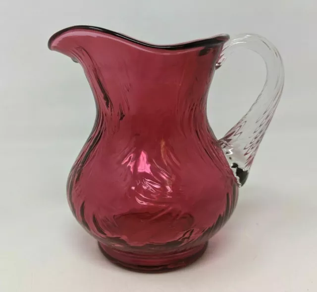 VTG Fenton Cranberry Red Clear Applied Reed Handle Fern Optic Glass Pitcher PR21