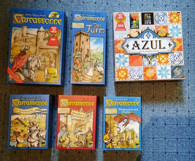 6-teiliges Spiele Paket , Konvolut : Carcassonne mit vier Erweiterungen und AZUL
