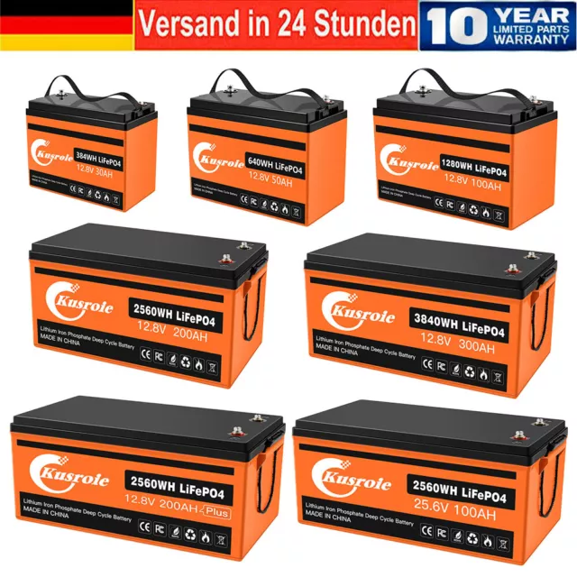 kusroie 12V 24V LiFePO4 Akku 50Ah 100Ah 200Ah 300Ah Lithium Batterie für Solar