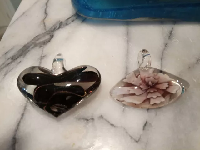 Vintage Lot 2 Art Blown Glass Handmade Necklace Pendant Flower Heart Metallic