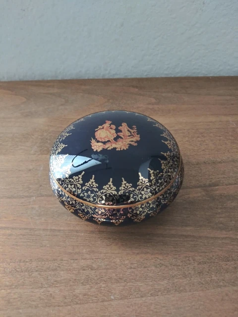 Vintage Limoges Trinket Box Cobalt Blue + 22k Gold Courting Couple 3"