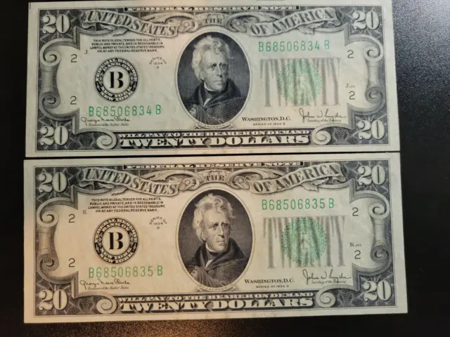 (2) Consecutive Serial Number 1934D United States $20 Federal Reserve Notes UNC.