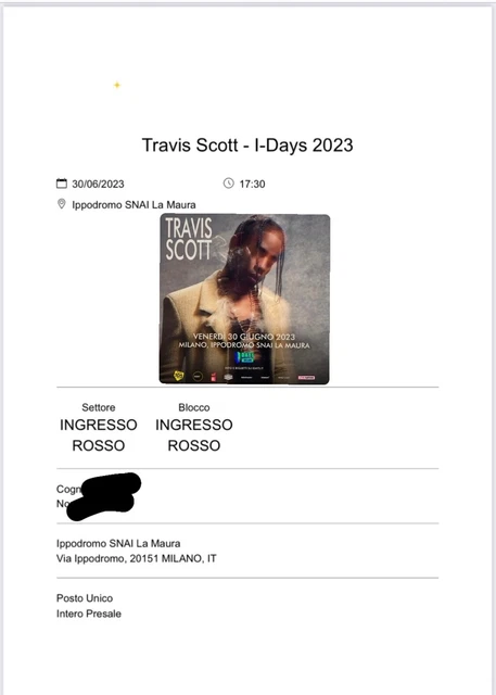 Vendo 1 Biglietto per il concerto di Travis Scott a Milano il 30/06/2023.