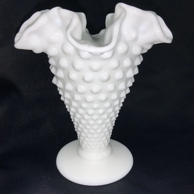 VTG Fenton Ruffled Hobnail Milk Glass Pedestal Compote Vase Candy Dish 5.5"
