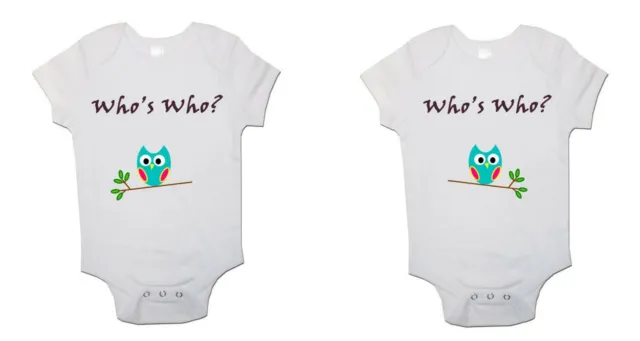 Twin Baby Bodysuits Whos Who Babygrow Vest Gift Present Christening 2 Pack Twins