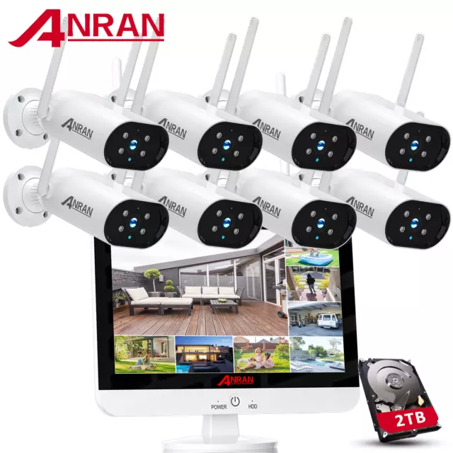ANRAN 1296P 8CH 12" Monitor Wireless WiFi IP Security Camera CCTV System Outdoor
