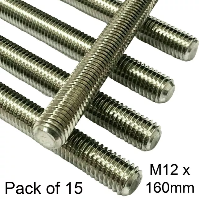 15 pack M12 x 160mm A4 316 Marine Stainless Threaded Bar Rod Studding 12mm