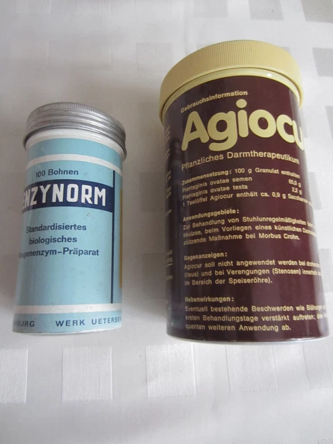 2 Dosen 1955 + 1965, Agiocur + Nordmark Enzynorm, Magenenzym, Darmtherapeutikum