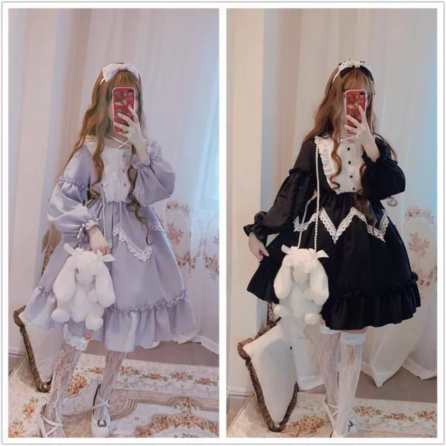 Lady Girl Lolita Dress Cosplay Costume Kawaii Ruffle Puff Sleeve Black Retro