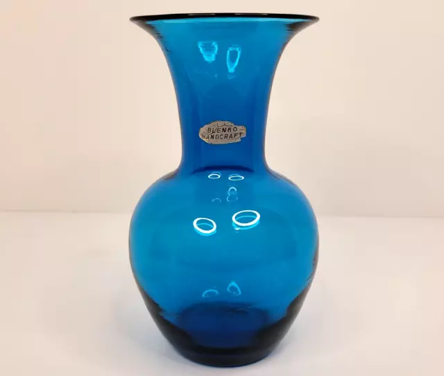 Vintage Blenko Glass Flower Vase Blue Fluted w Silver Foil Label Handcraft 8"