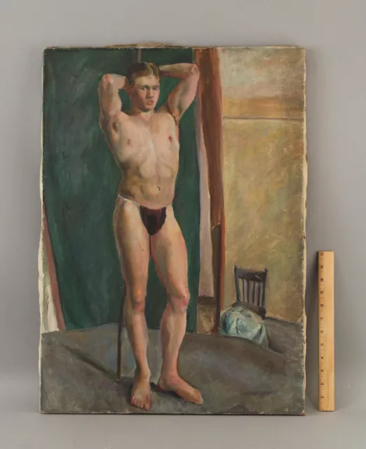 CATHARINE BURNS PLAVCAN Muscular Partially Nude Man Portrait Oil Painting NR