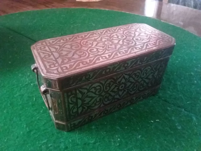 ANTIQUE BETEL NUT BOX BRASS WITH SILVER INLAY LATE 1800s